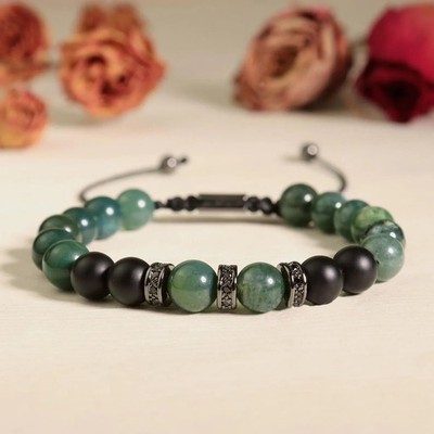Natural Green Jade Black Onyx Beaded Healing Reiki Men's Adjustable Bracelet