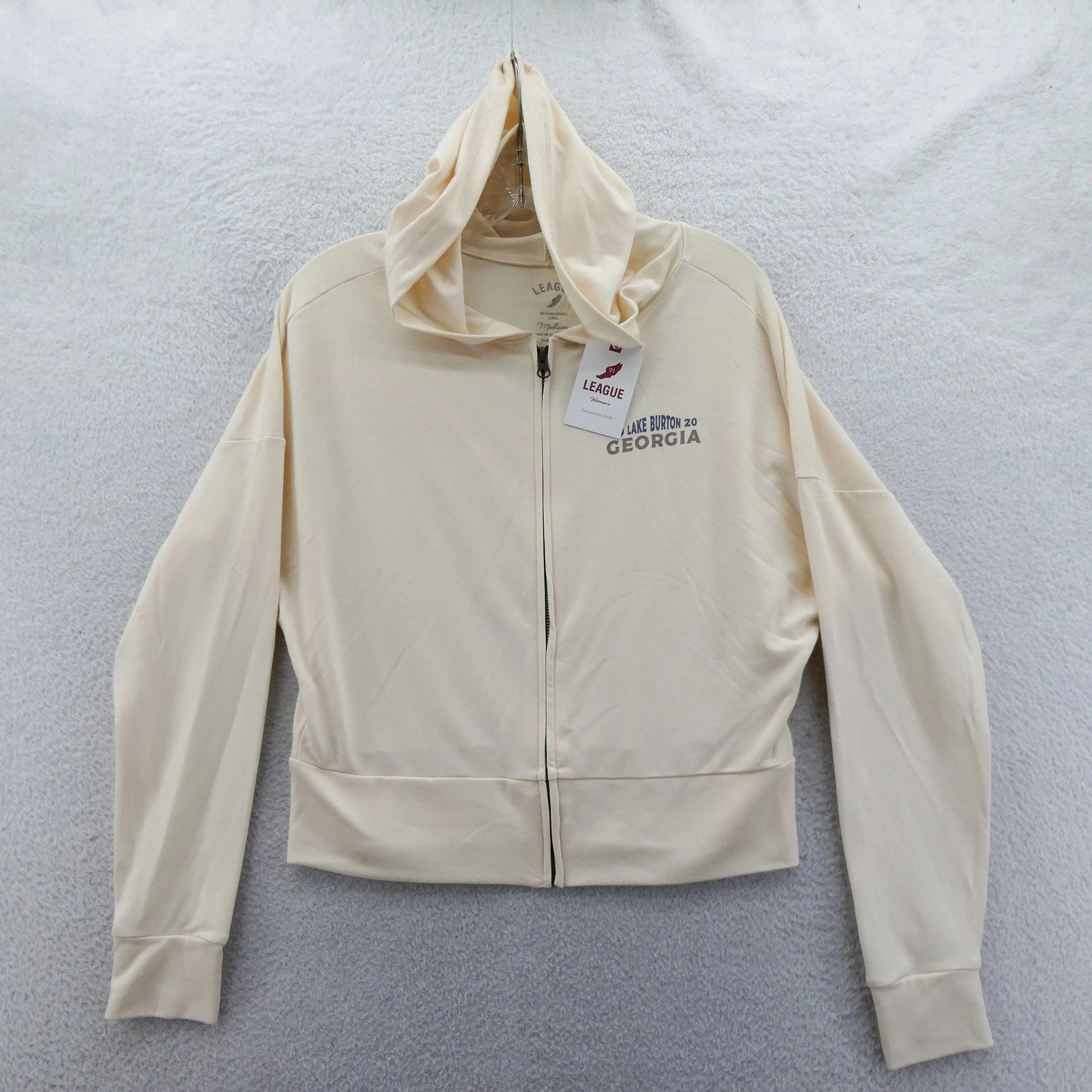 League Hoodie Women Medium Lake Burton Georgia Cream Full Zip Poly Rayon Blend