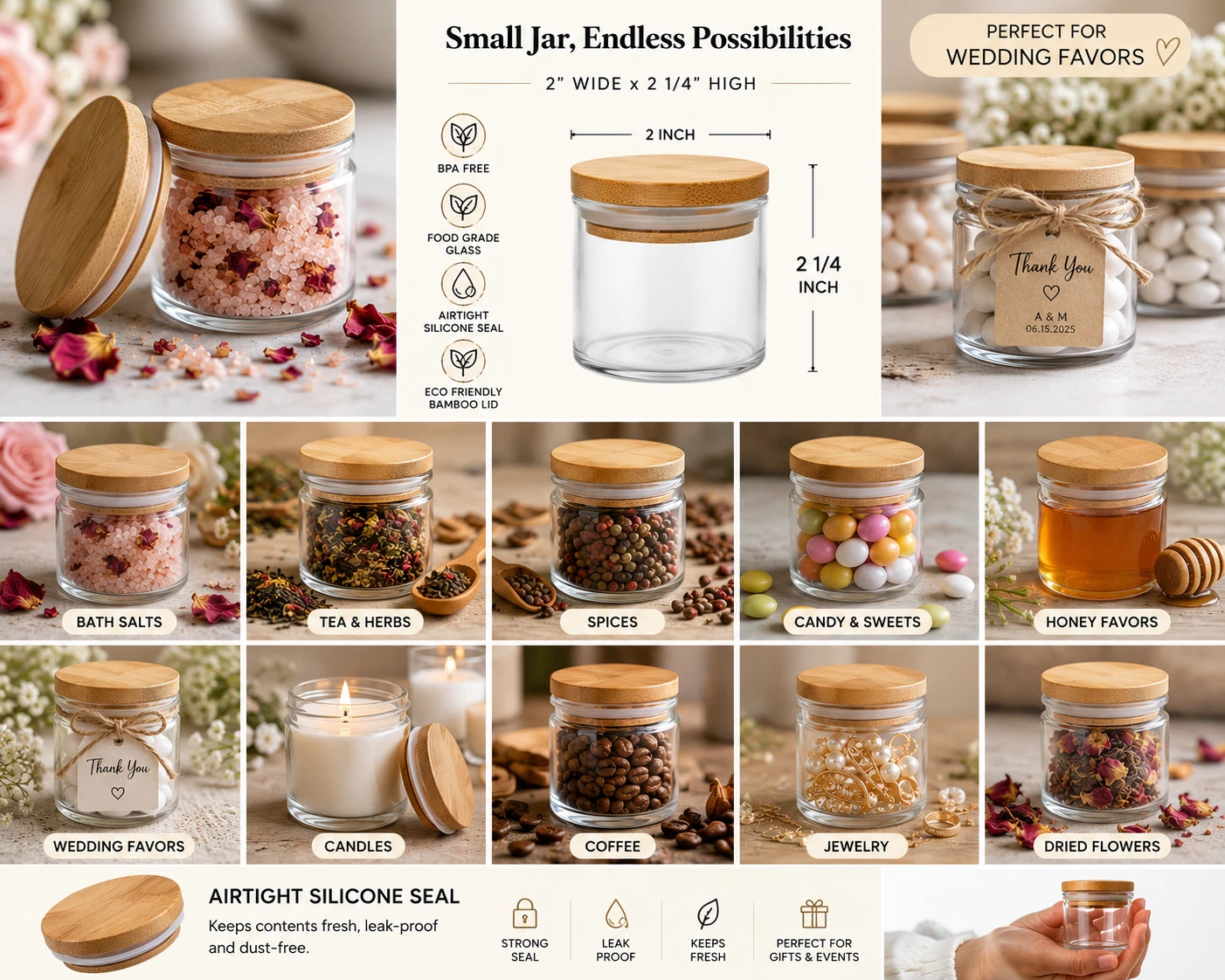 Set of 10X 3.3oz Glass Jar Bamboo Lid Wedding Favor Spice Candy Tea Craft