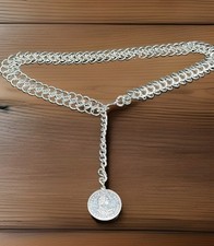 European 4 In 1 Chainmail Weave Pattern Belt Silver Tone Medallion 30.5  Vtg