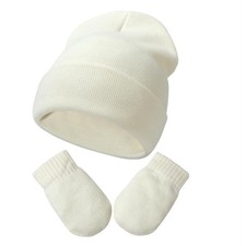 Baby Beanie Hat Gloves Set, Kids Winter Warm 3-24 Months, White No Thumbs 