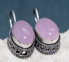 Vintage Pink Chalcedony Hook Wire 925 Silver Plated Earrings 1.2