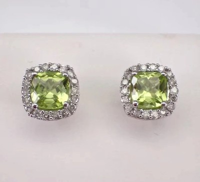 Lab-Created Peridot 2.Ct Cushion Cut Stud Earrings 14K White Gold Plated Silver