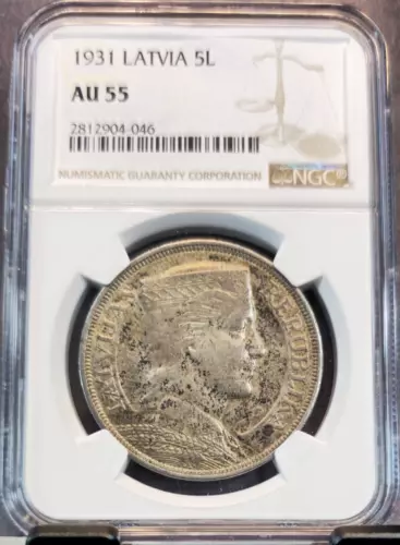 1931 LATVIA SILVER 5 LATI LATVIAN FOLK DRESS NGC AU 55 GREAT COIN
