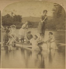 BEAUTIFUL LAKE SCENE, 7 LADIES, ROW BOAT, MAN, VINT STEREOVIEW