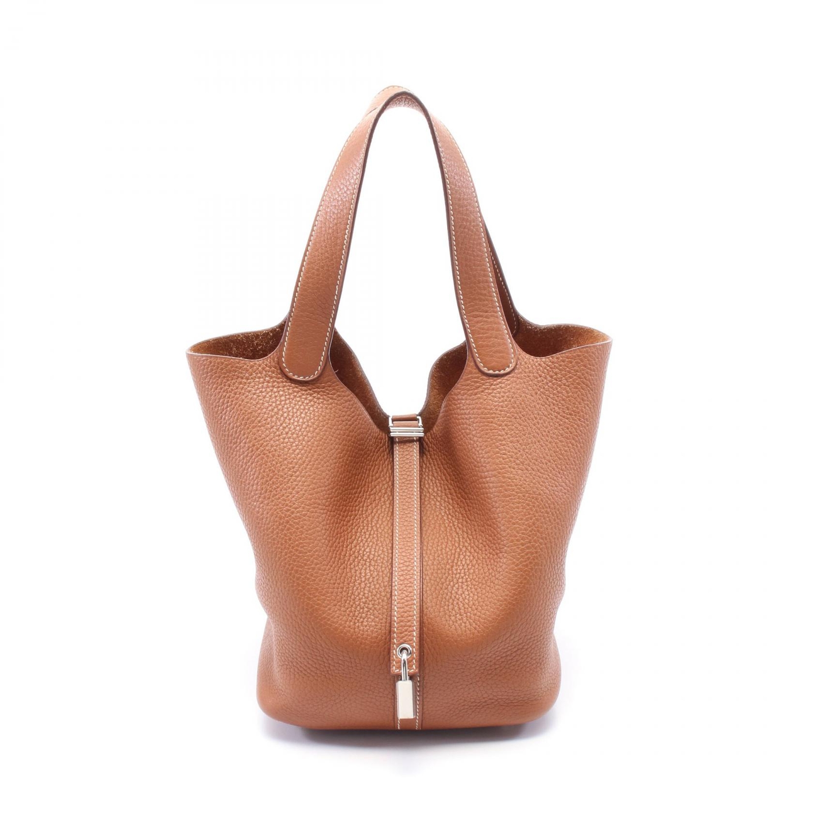 HERMES Picotin Lock MM Gold Clemence Leather Brown Bag Used with Silver Hardware