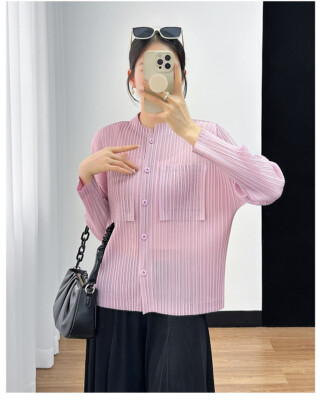 2024SS Fashion Pleated Autumn Long Sleeved Solid Color Single Breasted Top