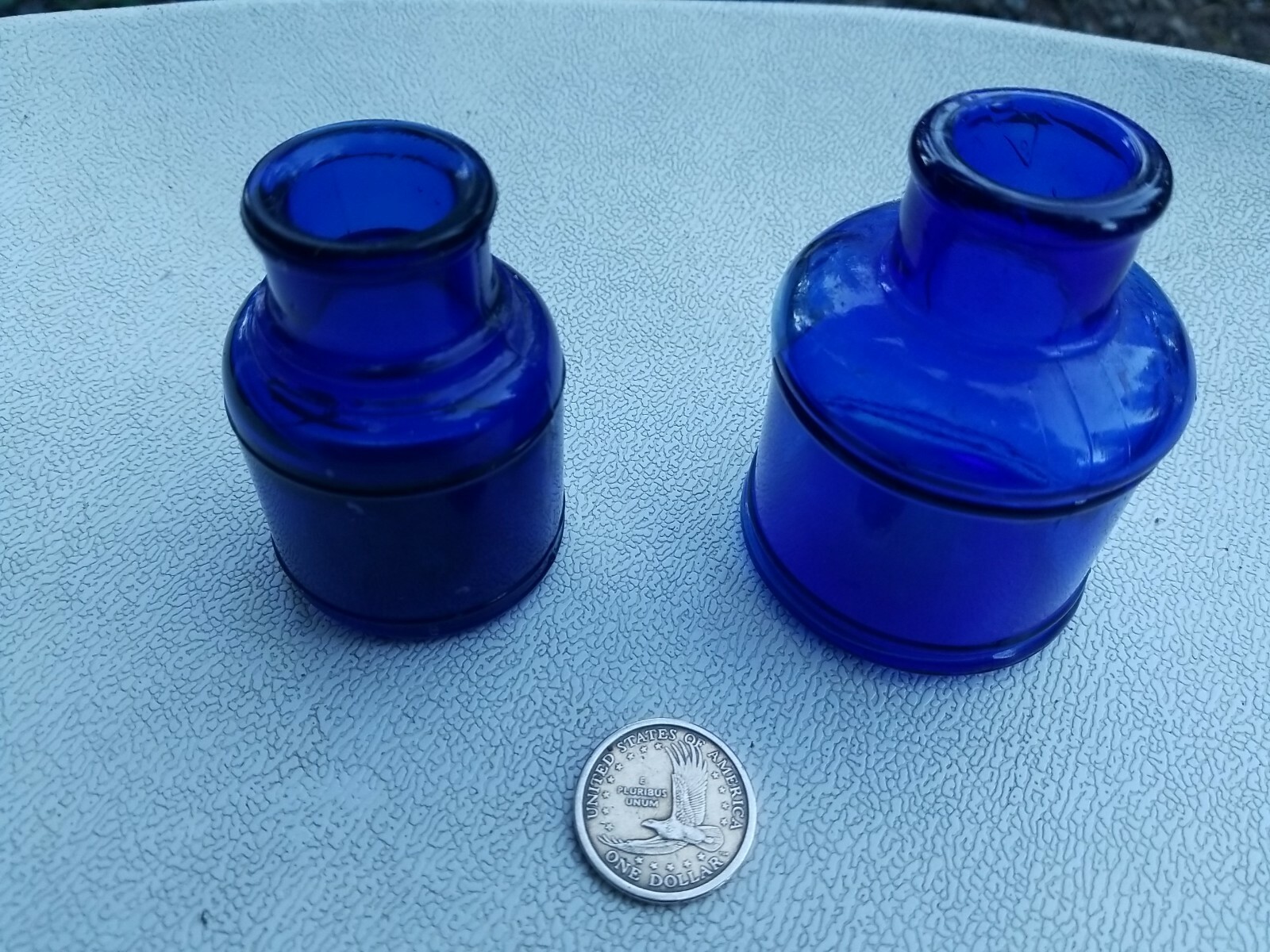 Perfect Antique Pair of Cobalt Blue Ink Wells ! Clean Old Blue Ink