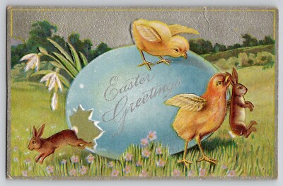 Easter Chicks Deliver Hatched Rabbits Big Egg Fantasy WINSCH Back Postcard 1911