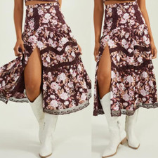 ALTAR'D STATE Lacinda Floral Burgundy Gauzy Poly Crochet Chiffon Midi Skirt L