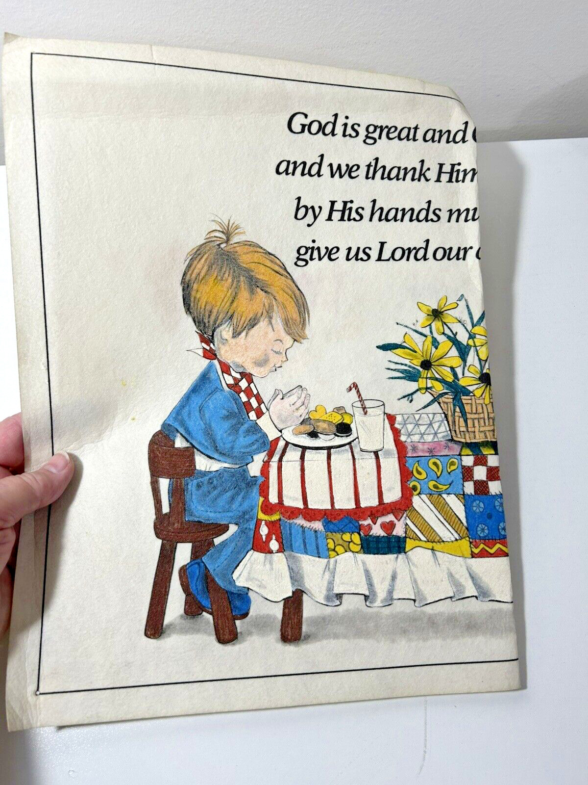 Vtg Tri-Chem Liquid Embroidery God is Great God is Good Little Boy Girl Praying