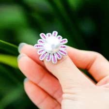 Resizable Chunky Fuchsia CZ Bridal Big Flower Pearl Ring Engagement Wear Jewelry