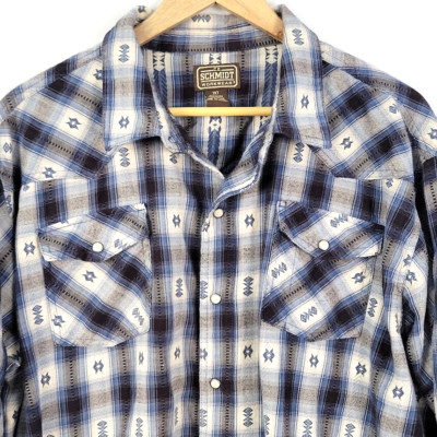 C.E. Schmidt Men s 2X Tall Western Pearl Snap Shirt Blue Plaid Aztec Long Sleeve
