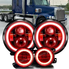 Red Halo 7" LED Headlights 4" Fog Light For Freightliner Coronado Century Class