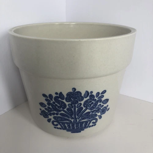 Vintage Pflatzgraff USA Yorktowne Flower Pot No Underplate White Stoneware Blue