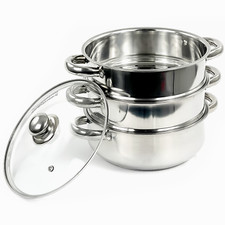 3TIER 22CM S/S STEEL INDUCTION HOB STEAMER MULTI VEG COOKER POT PAN W GLASS LID