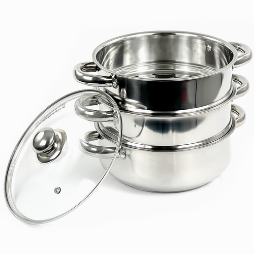 4-Tier 24cm Stainless Steel Induction Hob Steamer Pot With Glass Lid - Multi-Veg Cooker