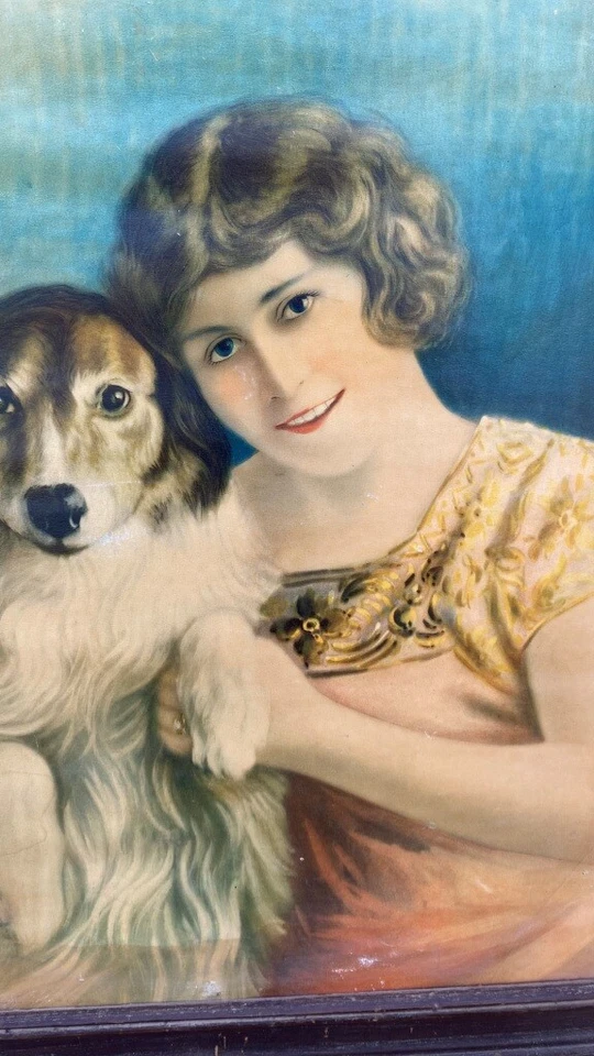 Impresión artística rara de retrato vintage de niña con su mascota perro enmarcada  Foto 4 de 4