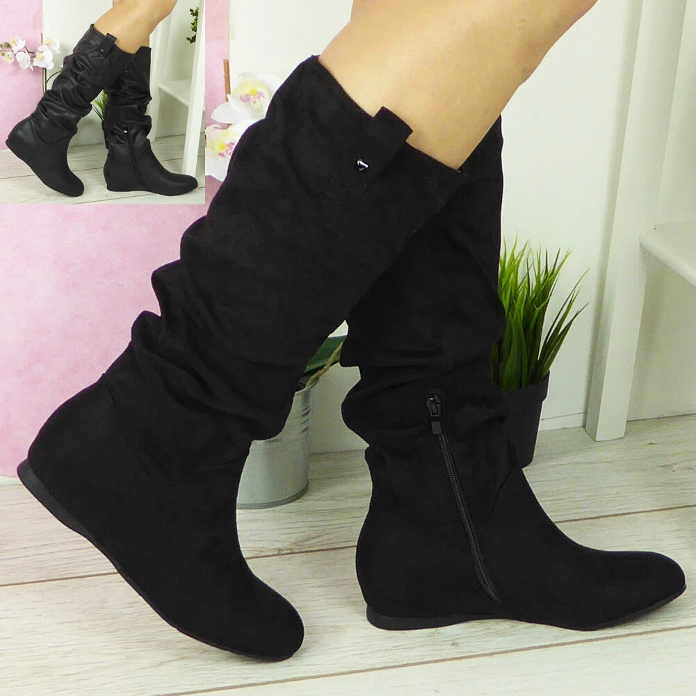 Ladies Mid Calf Boots Womens Pixie Rouched Long Slouch Hidden Wedge Shoes  Sizes