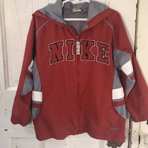 Nike Spellout Windbreaker Youth Hooded Jacket Red Gray "Just Do It" Size 6 Retro - Picture 2 of 23