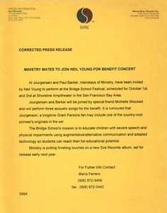 Neil Young & Ministry  1994 press release about joint concert Orig FREE US SHIP