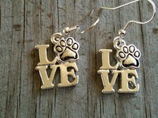 Silver Plated LOVE with Silver Hand Enameled Paw Print Earrings