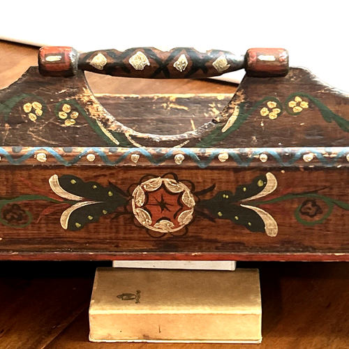 American Folk Art Painted Handled Box Vibrant Pennsylvania Dutch Style 30's-40's