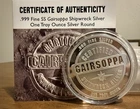 SS Gairsoppa .999 1 oz Silver Round + COA Certified Shipwreck Silver WWII U-boat