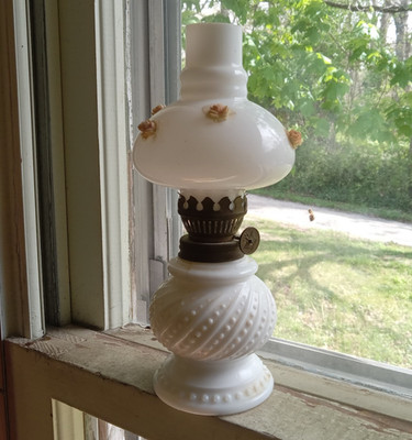VINTAGE MILKGLASS MINIATURE BEADED SWIRL KEROSENE LAMP W/ORIGINAL CHIMNEY