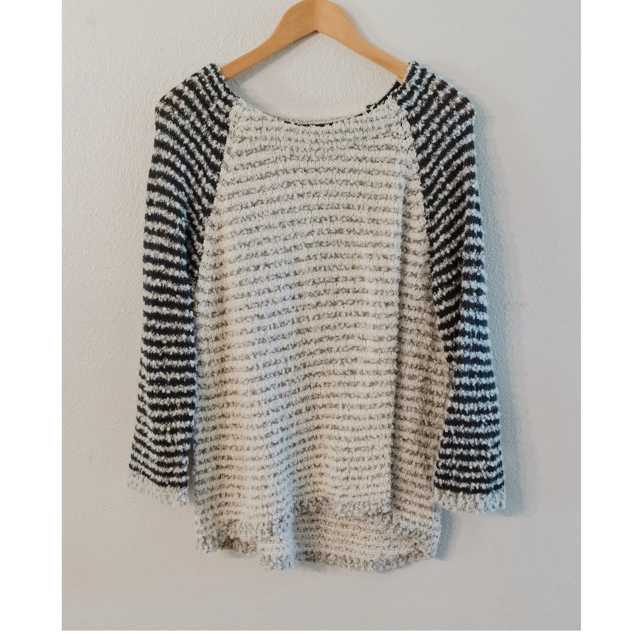 LOFT Chunky Knit Striped Pullover Sweater Crew Neck Ivory Black XL Long Sleeve