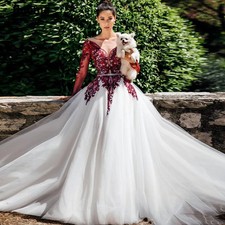 Gothic Ivory A-line Wedding Dress Long Sleeved Lace Applique Tulle Bridal Gown