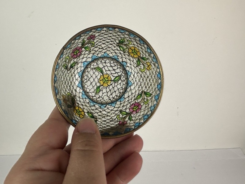 Vintage Floral Glass Bowl, Cloisonne China, Flowers Dish, 3.5 wide x 1.5 tall