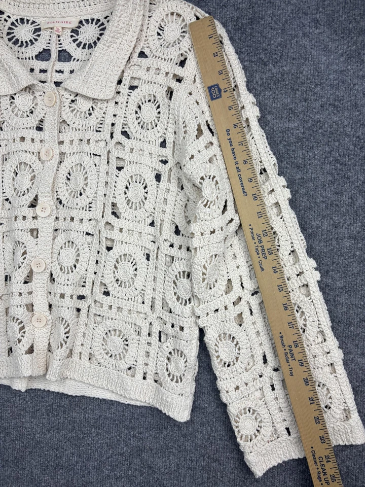 Cárdigan Solitario Suéter Mujer XL Marfil Crochet Encaje Botón Cuello Frontal Foto 4 de 4