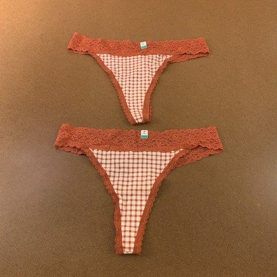 Maurices Womens Size Large Cinnamon Check Lace Trim Thong Panty 2 Pack NWT