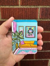 Original ACEO Painting Colorful Eclectic Couch MCM Plant Art by Witty Voyager