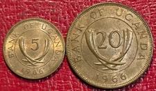2-HIGH GRADE AU 1966 UGHANDA 5 & 20 CENTS-OCT279