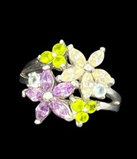 Sterling silver green purple blue CZ flower cluster ring size 8 vintage