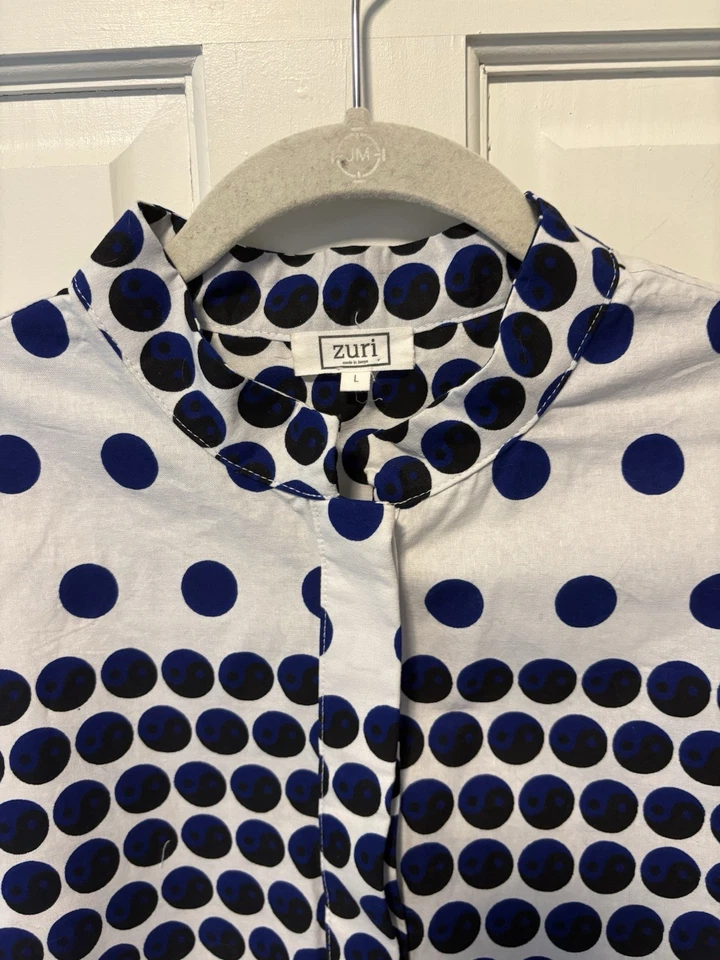 Camisa Zuri Kenia Tejida Algodón Blanco Azul Marino Lunares Top Con Botones Mujer L Grande Foto 4 de 4