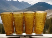 Brockway Glass Co. American Concord Amber Tumblers 14 oz flat Set Of 4 Vintage