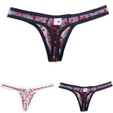 Heart Print Men Breathable Sheer Mesh Thongs G Strings for ultra Thin Underwear