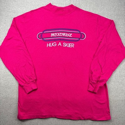 Vintage 90s Breckenridge Hug a Skier Long Sleeve T Shirt Mens XL Pink USA *FLAW