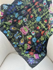 36"x36" Chiffon Scarf flowers theme black background new, one of a kind