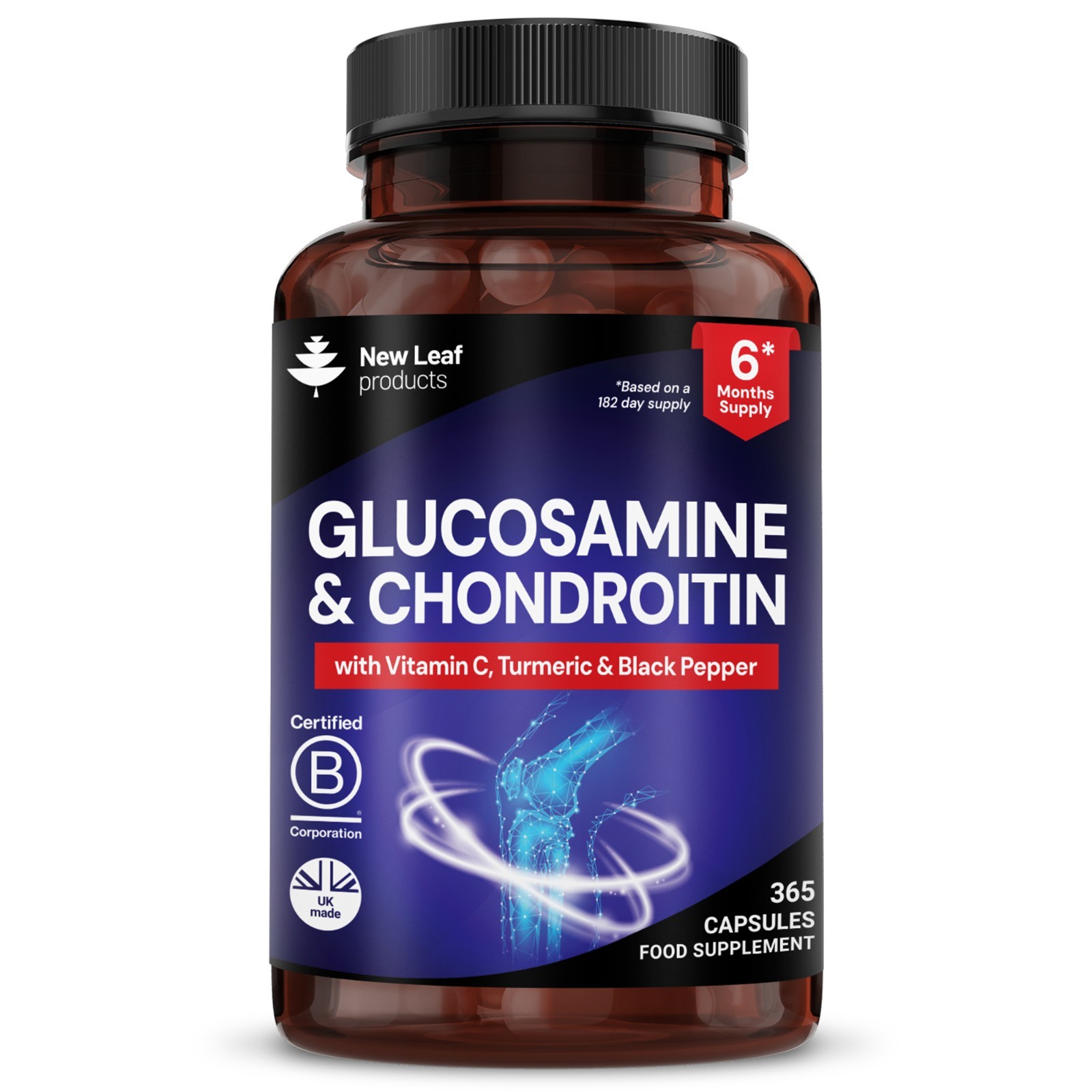 Glucosamine & Chondroitin Capsules + Vitamin C, Turmeric & Black Pepper 365 Fill