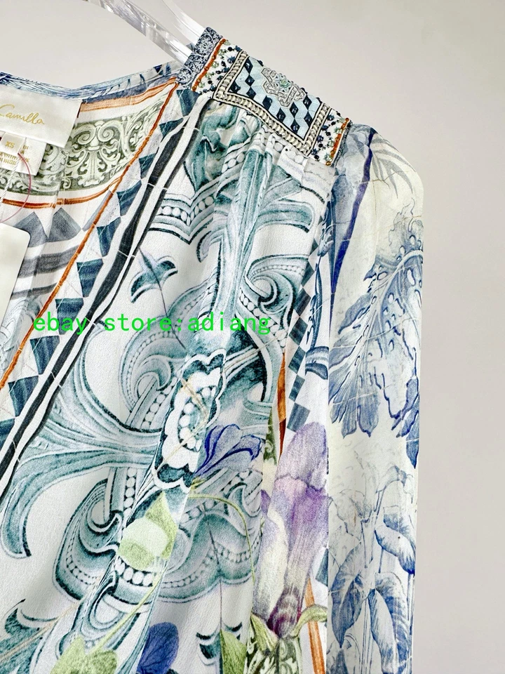 CAMILLA 100% Seda Retro Estampado Manga Larga Cuello en V Maxi Vestido Mujer Vacaciones XSSM Foto 4 de 4