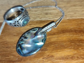 Abalone Muschel Vintage Set 925 Kette Anhänger Ring Zirkonia Nachlass