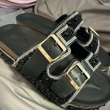 Women  s Black Slide Sandals Double Buckle Adjustable Strap Rhinestone Beaded