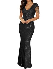 Madam Uniq Women 1920s Formal Dress Tassels Sleeve Sequins Gatsby Maxi Evening