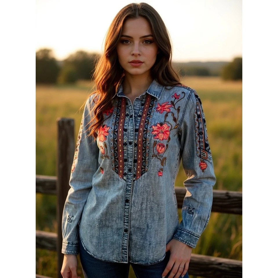 Driftwood Floral Embroidery Distressed Denim Western Shirt Womens Medium Country - Image 2 of 4