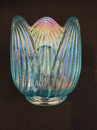 Vintage Fenton Tulip Lotus Iridescent Teal Votive Tealight Candle Holder
