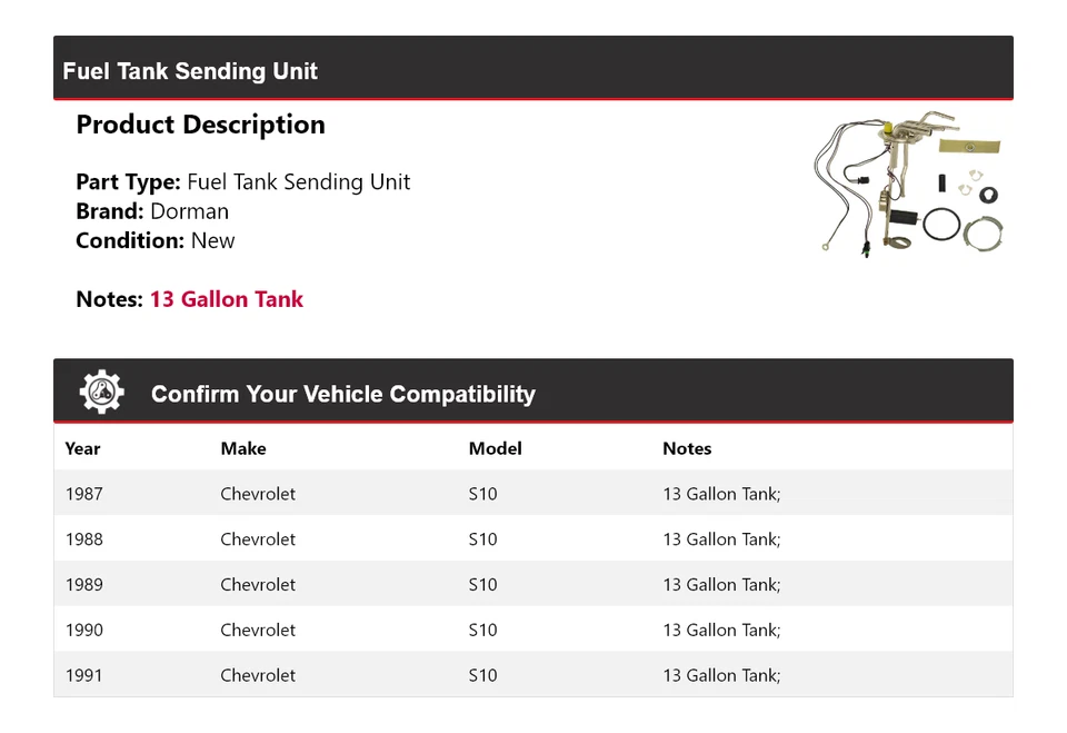 Unidad de envío de tanque de combustible para Chevrolet S10 Dorman 1987-1991 1988 1989 1990 Foto 2 de 4
